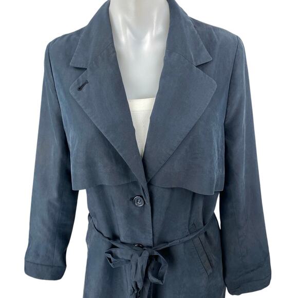 Monki Women's Blue Long Sleeve Belted Tie Waist Button Trench Coat Jacket Sz XS - Picture 3 of 5